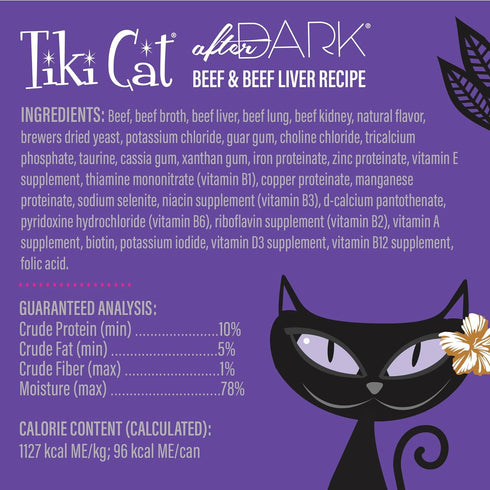 Tiki Cat After Dark Pâté, Beef & Beef Liver, High-Protein Non-GMO Wet Cat Food for Adult Cats, 3 oz. Cans (Pack of 12)