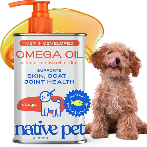 Native Pet Omega 3 Fish Oil for Dogs & Cats - 8oz Liquid Supplement, Promotes Healthy Skin, Shiny Coat, Strong Joints,