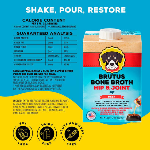 16.9oz (Pack 6) Brutus Beef Bone Broth for Dogs - All Natural Dog Bone Broth with LiquidChondroitin Glucosamine