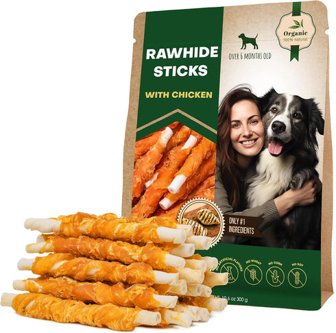 Dog Rawhide Sticks Wrapped with Chicken - Grain Free Chew Treats, Human Grade Dried Snacks in Bulk for Training