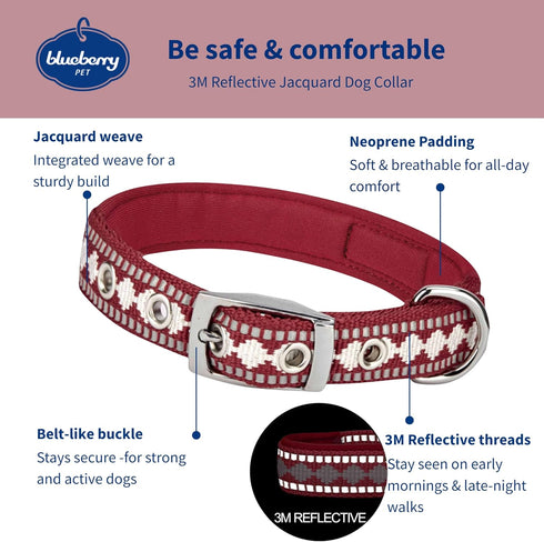 Blueberry Pet Reflective Jacquard Dog Collar with Neoprene Padding & Metal Buckle, Soft Adjustable Safety Collar in