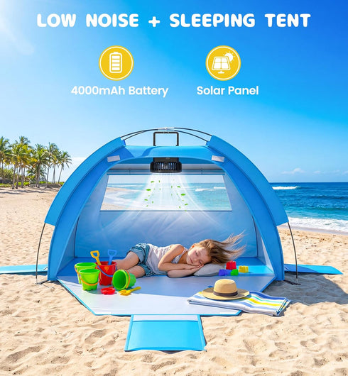 Dsquu Baby Beach Tent Solar Cooling Fan, Anti-UV Toddler Beach Tent Sun Shelter Portable Travel Fan Beach Shade Tent