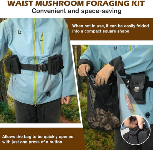 ProtectHobby 2 Mushroom Foraging Bag Kit with Adjustable Waistband - Folding Mesh Bags & Leather Tool Pouch, Suitable