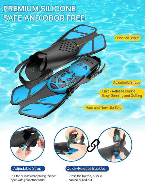 Snorkeling Gear Set for Adults, 4 in 2 with Panoramic Diving Mask, Anti-Fog Snorkel, Fins, and Travel Bag