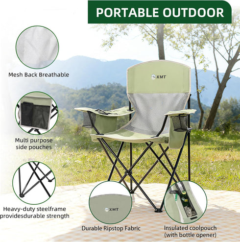 XMT Portable Outdoor Folding Chair with Cup Holder & Cooler Bag - Breathable Mesh, Wide Armrests, Ergonomic Design