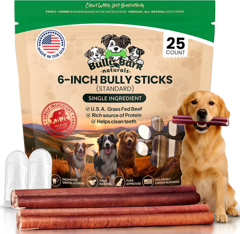 Standard 6 Bully Sticks for Dogs - 25 Count - Natural, Odor
