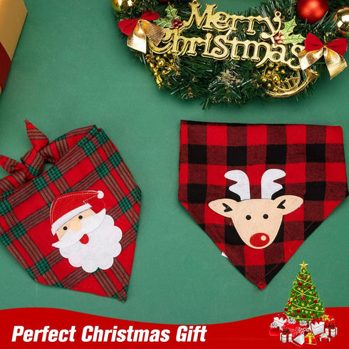 PAWCHIE 2 PCS Christmas Dog Bandanas with Handmade Applique (Santa Claus & Elk), Washable Plaid Scarfs