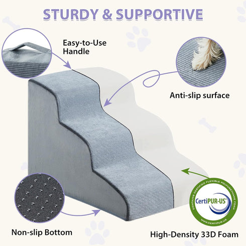 Dog Stairs for Small Dogs, 3-Steps Ramp for Bed and Couch, Non-Slip Bottom, Highly Supportive Foam, Dog Steps for Cats
