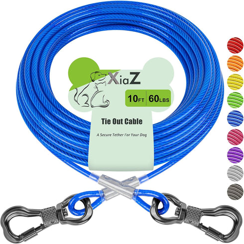 XiaZ 10ft Dog Tie Out Cable, Steel Wire Runner for Yard, Durable Lockable Clips for Medium Dogs