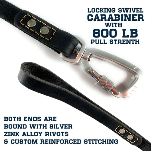 Leather Dog Leash with Locking Carabiner - Strong and Soft for Training and Walking, 6 Ft Long x ¾” Wide