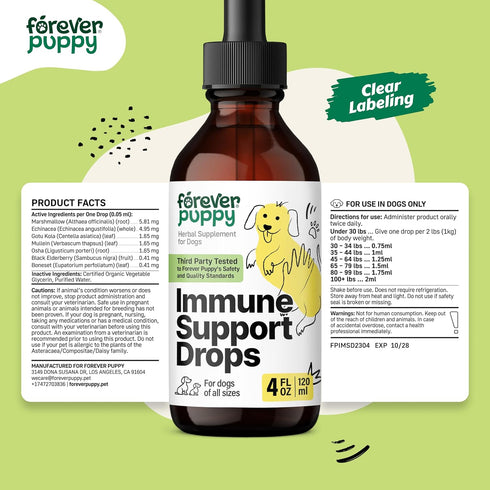 Immune Support Supplement for Dogs, Liquid Drops with Echinacea, Marshmallow Root & Mullein - 4 oz