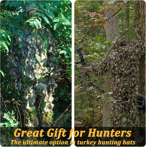 Ghillie Camouflage Leafy Hat with Camo 3D Leaf Face Mask, Full Coverage Breathable Hunting Mask Accessories