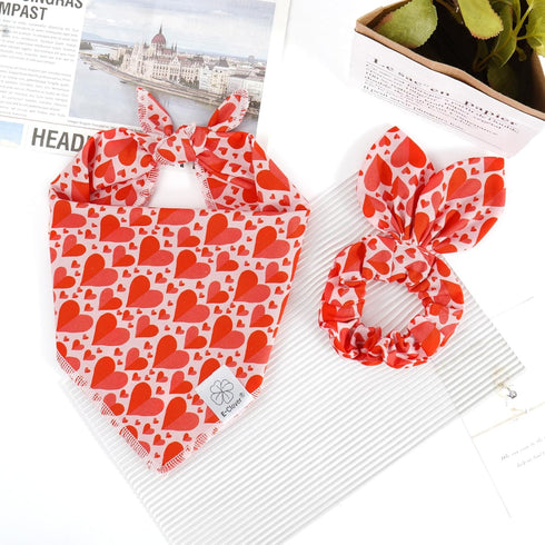 Set E-Clover Mother's Day Heart Dog Bandanas & Matching Scrunchie Cute Girl Dog Scarf Bibs Pet Bandana with Bow Tie