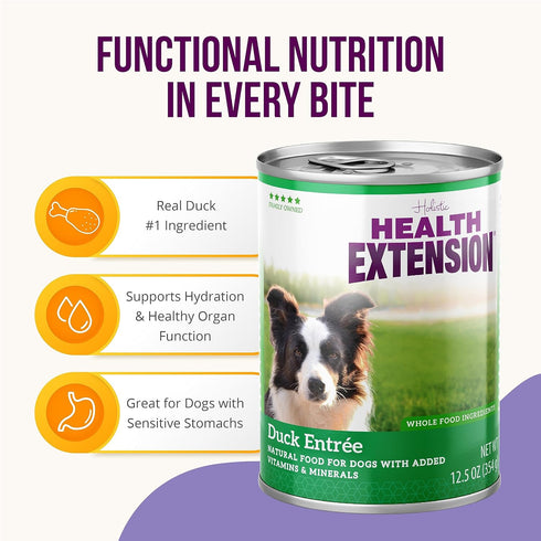 Health Extension Wet Dog Food, Duck Entree, 12.5 Oz / 374 g - Gluten & Grain-Free Natural Food (Pack of 12)