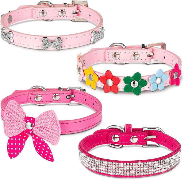 4 Pcs Pink Dog Collar, Spiked Studded Dog Collars, Pearls Dog Necklace with Rhinestone Bow Knot for Dogs (Novel Style,