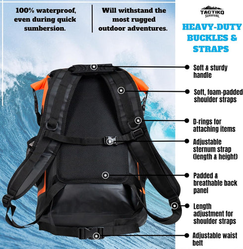 TACTIKO 30L Heavy-Duty 100% Waterproof Backpack with Carabiner, 500D Ripstop Tarpaulin for Kayaking, Hiking