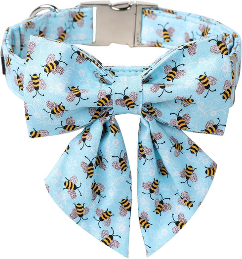 Maca Bates Blue Bee Dog Collar | Adjustable Bowtie for Small Medium Large XL Dogs with Golden Metal Buckle