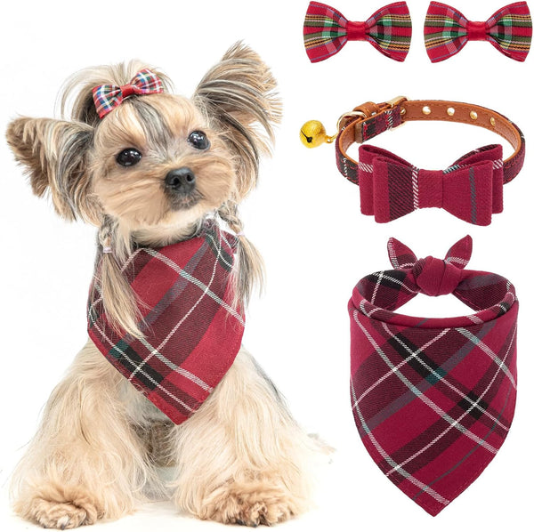 PUPTECK Leather Dog Christmas Collar for Small Dogs, XS Puppy Bandana Costume Accessories for Girl Boy Bunny Cats Red,