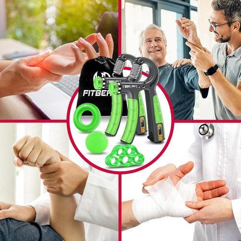 FitBeast Hand Grip Strengthener Workout Kit (5 Pack) - Adjustable Resistance Hand Gripper, Finger Stretcher, Grip Ring