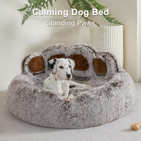 Jiupety Upgraded Soothing Paw Dog Bed - Cozy Comfy Donut Bed with Bear Paws, Gray XL 32”X32”X10”