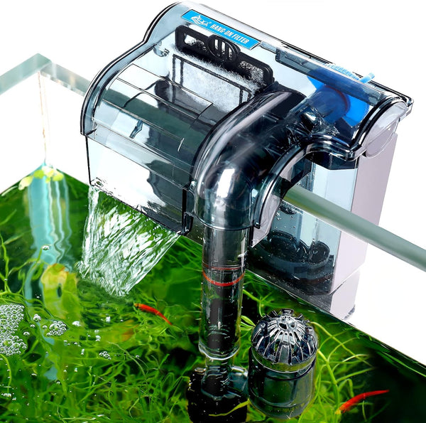 AQQA Aquariums Power Filter 74GPH, External Hang On Fish Tank Sponge Filter with Surface Skimmer
