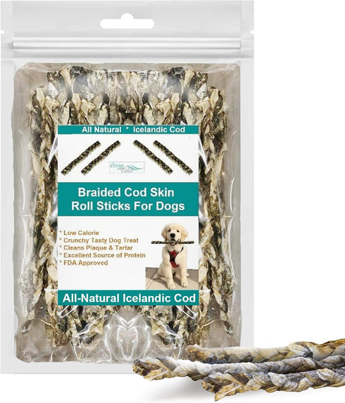 Ocean Tides Braided Icelandic Atlantic Cod Fish Skin Treats for Dogs and Cats - Dried Lean Crunch Sticks Chews