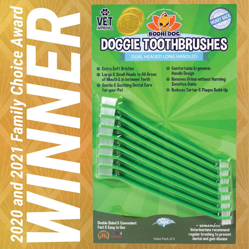 Bodhi Dog Dual-Headed Toothbrush for Dogs & Cats - Soft Bristles for Gentle Dental Care, 8 Count