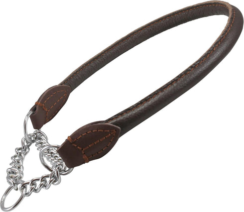 Rolled Genuine Leather Martingale Dog Collar Choker, Brown, 7 Sizes (#7 - Neck Circumf. 17.5"-19.5")