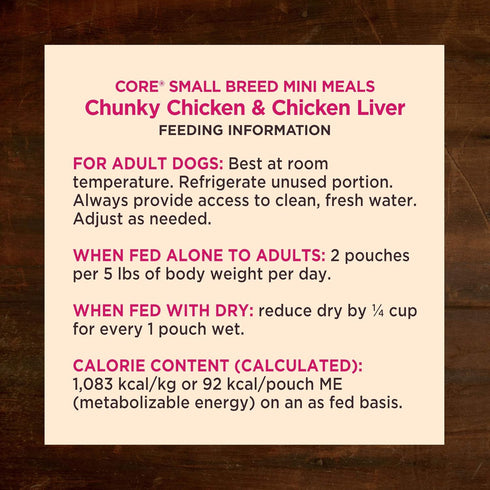 Wellness CORE Natural Grain Free Mini Meals Wet Dog Food, Chunky Chicken & Chicken Liver Entrée in Gravy, 3-Ounce Pouch