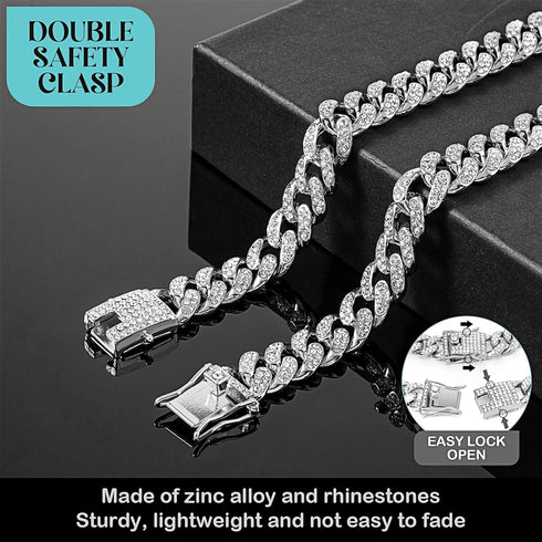 Dog Chain Diamond Collar with Secure Buckle, Metal Chain Jewelry Accessories for Small Medium Large Dogs (Silver, 8