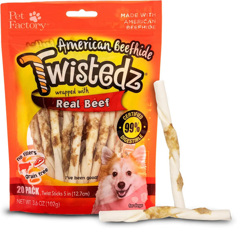 Pet Factory Twistedz American Beefhide, 5" Twist Sticks, Dog Chew Treats, 20 Count