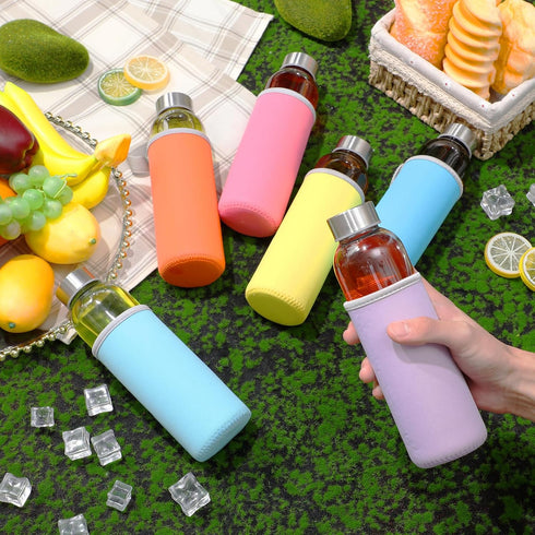Vesici 12 Set 18 oz Clear Glass Water Bottles, Reusable Juicing Bottles with Protection Sleeve and Leak Proof Lids