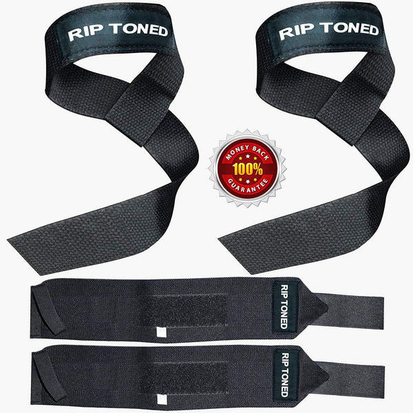 Rip Toned Lifting Straps + 18-inch Wrist Wraps Bundle, 1 Pair Each for Weightlifting, Workout, Gym, Powerlifting