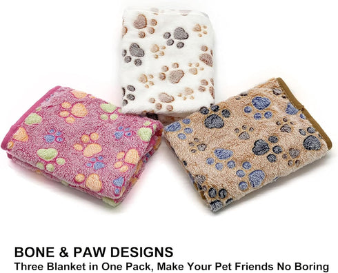 SORKUT 1 Pack Puppy Dog Blankets, Super Soft Warm Sleep Mat, Fluffy Fleece Pet Blanket (Paw Print Beige/Pink/Brown)
