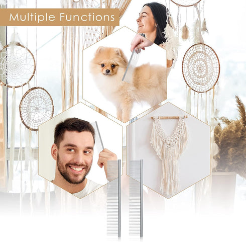 2 Pieces Macrame Comb Set - Stainless Steel Metal Combs for Dog Cat Grooming, Macrame Brush Supplies (Silver)