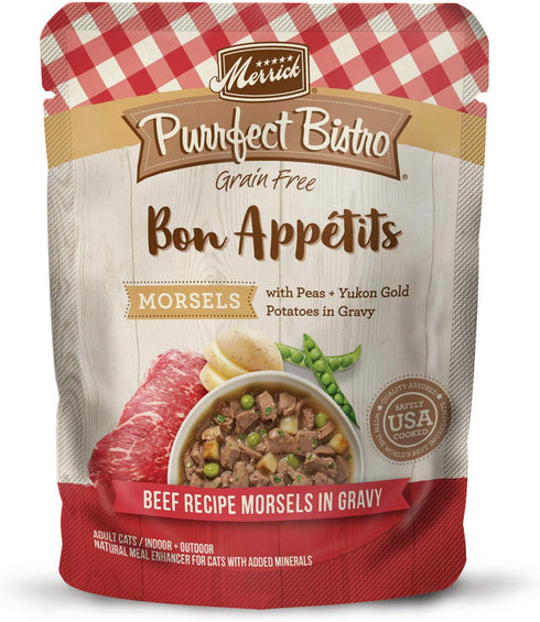 Merrick Purrfect Bistro Bon Appetits Grain Free Wet Cat Food, Beef Recipe Morsels in Gravy, 3 oz Pouches (Pack of 24)