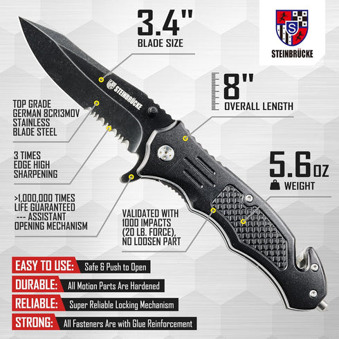 Steinbrucke Tactical Pocket Knife, Folding Stainless Steel 8Cr13Mov 3.4'' Blade with Reversible Clip