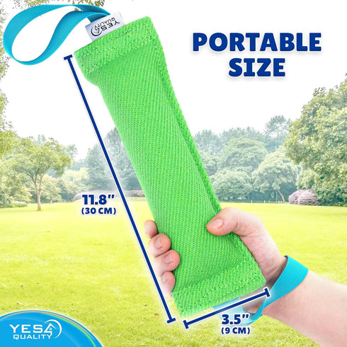 YES4QUALITY Durable Dog Bite Tug Toy (11.8"x3.5"), Green Pull Toy with Blue Handles for Small Medium Dogs