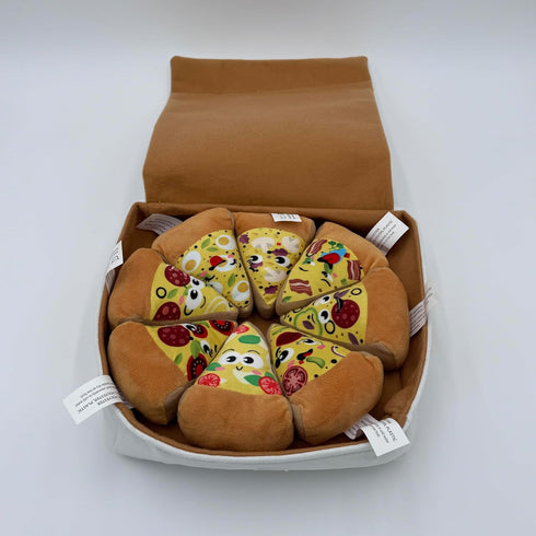 10" Deluxe Plush Pizza Box Dog Toy with 8 Squeaky Slices