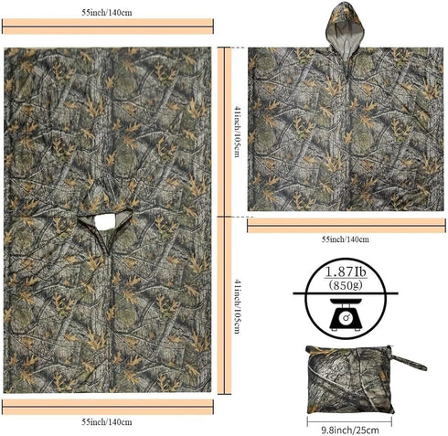 LOOGU Waterproof Rain Poncho Hooded Multi-Use Camo Rain Coat Shelter Ground Sheet for Hunting Camping Hiking