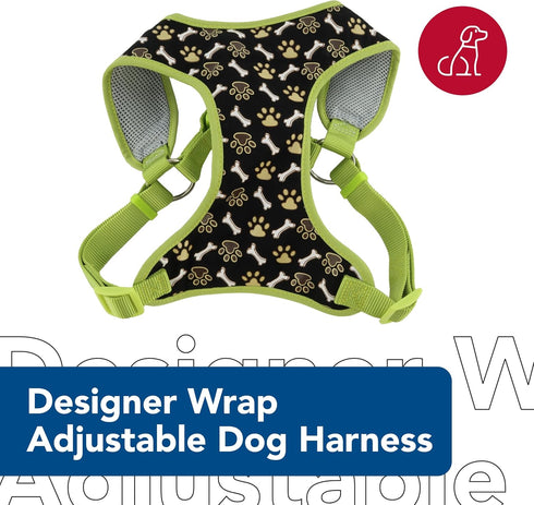 Ribbon Designer Wrap Adjustable Dog Harness, Large & Small, Brown Paws & Bones, 5/8" x 16-19"