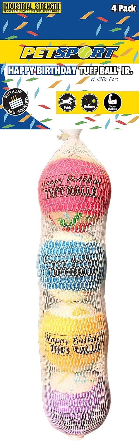 PetSport Jr. Happy Birthday Tuff Ball Dog Toys, 4 Pack Small (1.8") - Durable Felt & Rubber Balls