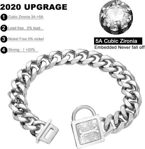 Dog Collar with Zirconia Locking 19MM Hand Polished Stainless Steel Metal Puppy Collar for Small Medium Dogs