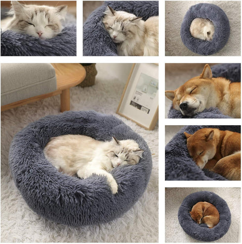 Calming Dog Beds for Small Medium Dogs, Round Donut Washable Dog Bed, Anti-Slip Faux Fur Fluffy Cuddler Anxiety Cat Bed