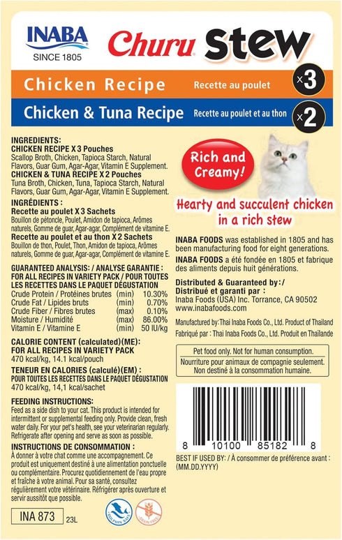 1.05 oz 15 INABA Churu Stew for Cats, Creamy Pure Side Dish Pouch, Pouches, Pouches Total, Chicken and Tuna Variety