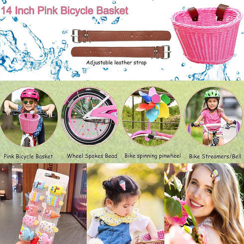 Kid's Adjustable Bicycle Basket Streamers Set, Front Handlebar Kit with Colorful Streamers, Bell, Windmill for Girls