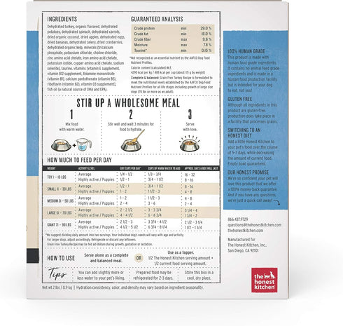 The Honest Kitchen Human Grade Dehydrated Grain Free Dog Food – Turkey 2 lb (Complete Meal or Topper, makes 8 lbs)