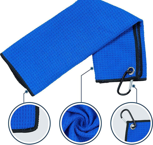 Golf Towel and Brush Set | Microfiber Waffle Design Golf Towel 16" X 24" with Retractable Zip-line Brush (Blue)