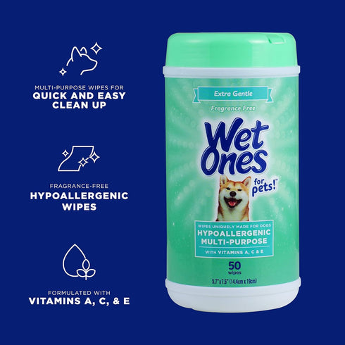 Wet Ones for Pets Multi-Purpose Dog Wipes - Fragrance-Free, Vitamins A, C & E - 50 Count Canister - 3 Pack