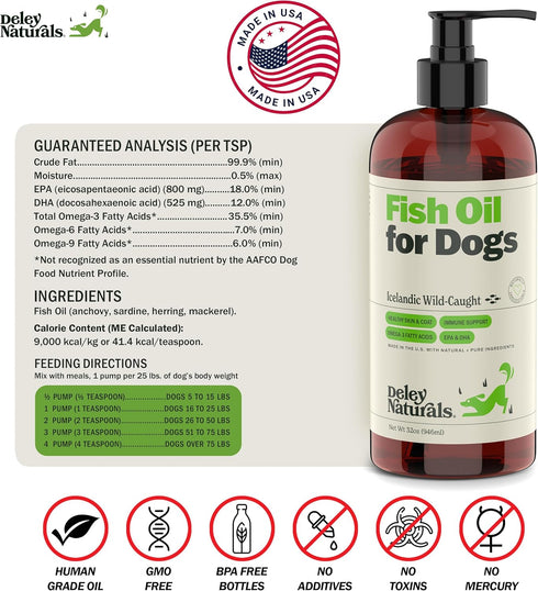 Wild Caught Fish Oil for Dogs - 16oz - Omega 3-6-9, Reduces Shedding, Supports Skin, Coat, Joints, Heart